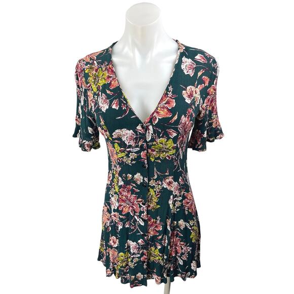 Lulus Green Multicolor Floral Deep V Neck Short Sleeve A Line Mini Dress Size XS - Picture 1 of 5